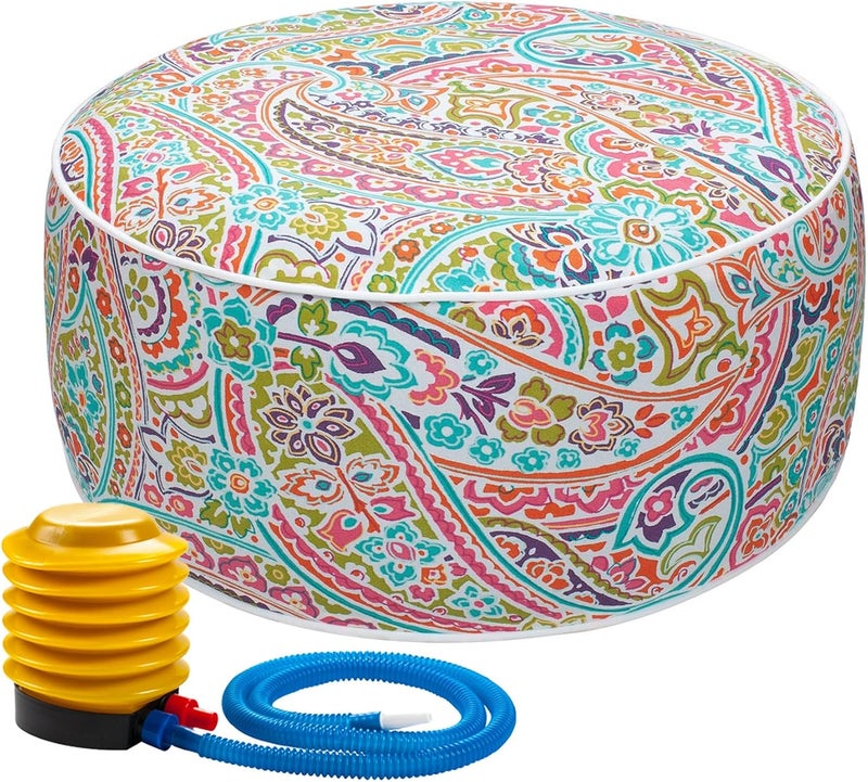 FUNHOME Inflatable Stool Ottoman Footrest with Handle, All Weather Footrest Seat with Foot Pump D20 xH9, Water Repellent Footstool Pouf for Home Patio Garden and Camping Use-Melora Paisley - Image 1